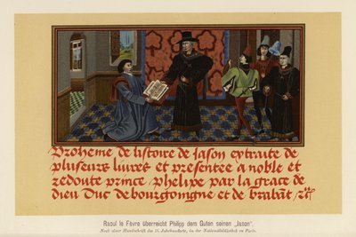 Raoul Lefèvre presenterer et manuskript av sin Histoire de Jason til Filip den gode, hertug av Burgund (fargelitografi) av German School