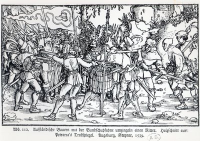 Opprørsbønder som omgir en ridder, fra en illustrasjon til Trostspiegel av Petrarch, 1539 av German School