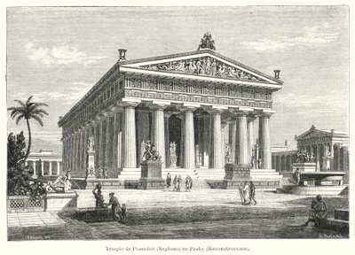 Rekonstruksjon av det antikke greske tempelet Poseidon, Paestum, Italia (litho) av German School