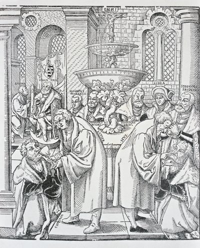 Reformatorene Martin Luther og Jan Hus administrerer nattverd (gravering) av German School