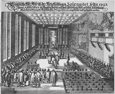 Reichstag of Regensburg i det store rådssalen, Regensburg av German School