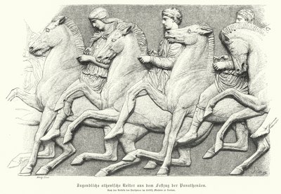 Relieff fra Parthenon-frisen som viser athenske ungdommer som rir på hester (gravering) av German School