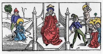 Representasjon av martyrdøden til Saint Symphorose, en kristen fra det 2. århundre, og av hennes syv sønner, under keiser Hadrians regjeringstid. Gravering fra «Leben der Heiligen - sommerteil» (Helgenens bok) av Jacobus (James) av Voragine (1228-12) av German School