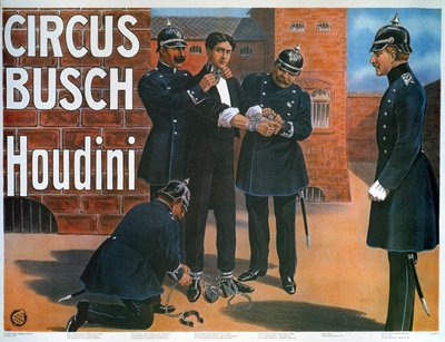 Reproduksjon av en plakat fra 1907 som viser Houdini før en flukt fra et tysk fengsel av German School