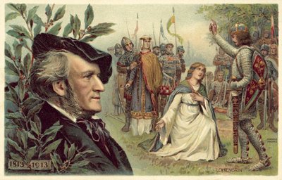 Richard Wagner og en scene fra operaen hans Lohengrin av German School