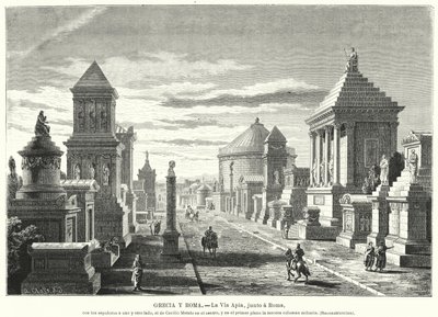 Romerske graver langs Appian Way ved tremilsmarkeringen (litho) av German School