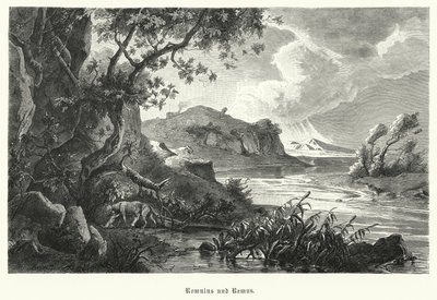 Romulus og Remus, legendariske grunnleggere av det gamle Roma, blir die av ulven i villmarken (gravering) av German School