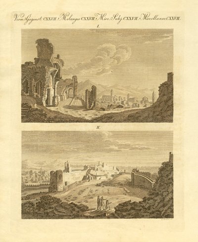Ruinene av gamlebyen Sagunto i Spania (farget gravering) av German School