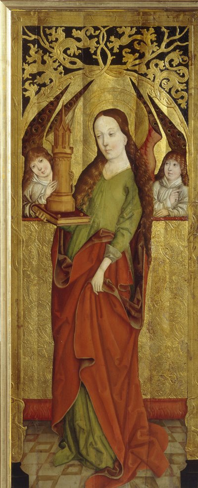 Sainte Barbe eller Barbe den store martyren (3. århundre). (Sankt Barbara). Bærer på et platå et tårn med tre vinduer. Maleri av en westfalsk mester (aktiv mellom 1470 og 1480), olje på tre, ca 1470-1480. tysk kunst av German School