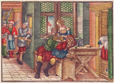 Samson og Delila, fra Lutherbibelen, ca. 1530 (farget tresnitt) av German School