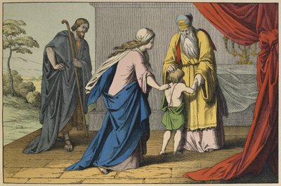 Samuel og Eli, illustrasjon fra LAncien Testament, utgitt av Jakob Ferdinand Schreiber, Esslingen (fargegravering) av German School