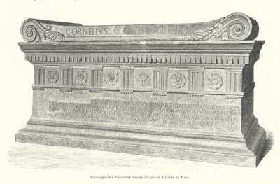 Sarkofag av romersk soldat og konsul Lucius Cornelius Scipio Barbatus i Vatikanet, Roma (gravering) av German School