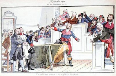 Satirisk tegneserie som viser Dreyfus-affæren som en revolusjonær rettssak av German School