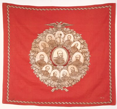 Skjerf som viser den tyske keiseren, Wilhelm I (1797-1888) omgitt av Bismarck og seirende marskalker for å feire den fransk-prøyssiske krigen, 1870 (silke) av German School
