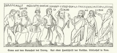 Scene fra Eunuchus (The Eunuch), komedie av den romerske dramatikeren Terence (litho) av German School