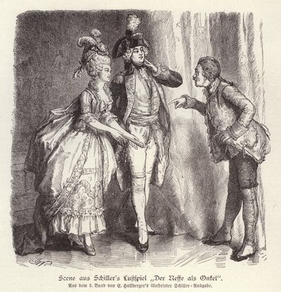 Scene fra Friedrich Schillers komedie Der Neffe als Onkel (Nevøen som onkel) (gravering) av German School