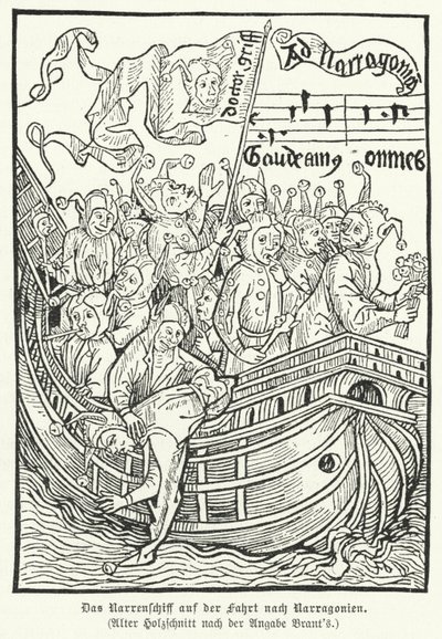 Scene fra Sebastian Brants satiriske allegori Ship of Fools (gravering) av German School