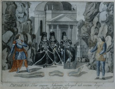 Scene fra Tryllefløyten av Wolfgang Amadeus Mozart (penn og blekk og wc på papir) av German School
