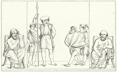 Scene fra et skuespill av den romerske dramatikeren Plautus (gravering) av German School