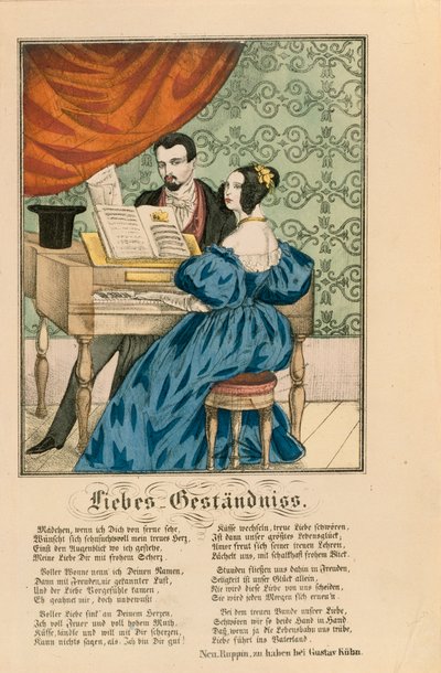 Scene som viser et par ved pianoet, med et kjærlighetsdikt skrevet under, fra Neuruppiner Bilderbogen, 1850 av German School