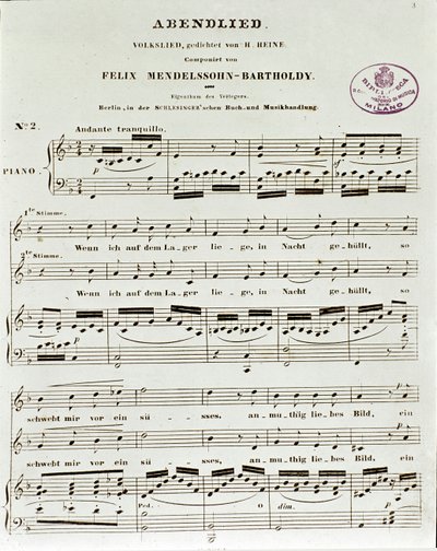 Partiturside av Abendlied av Felix Mendelssohn av German School