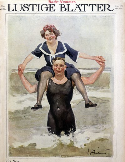 Sjøbad: et par i bølgene - i “” Lustige Bl¿tter””, n.d. av German School