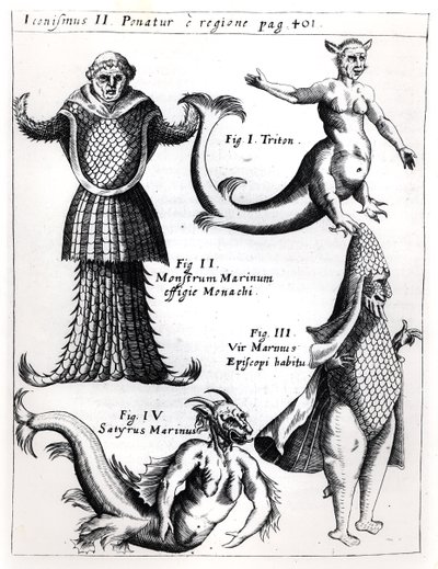 Sjømonstre, illustrasjon fra Physica Curiosa av Gaspar Schott S.J. (1608-66), utgitt Würzburg 1662 av German School