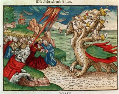 Syvhodet slange fra Åpenbaringsboken, fra Lutherbibelen, ca. 1530 (farget tresnitt) av German School