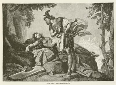 Siegfried vekker Brunhild (gravering) av German School