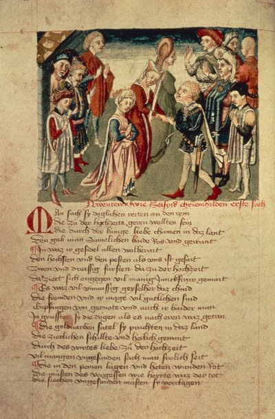 Siegfried ser Kreimhild for første gang, fra 'Hundeshagen Nibelungen Codex' (vellum) av German School