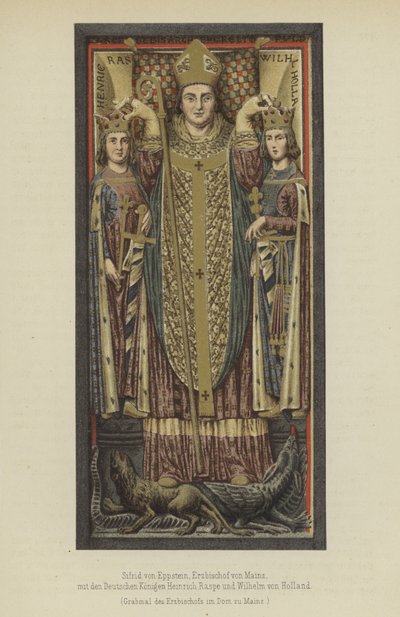 Siegfried von Eppstein, erkebiskop av Mainz fra 1230 til 1249, med de tyske kongene Henry Raspe, Landgrave of Thuringia, og William II of Holland, Count of Holland and Zeeland (color litho) av German School