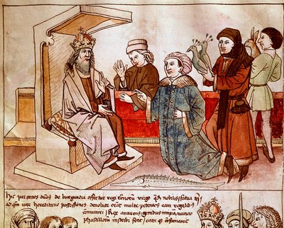 Sigismund I av Luxembourg (1368-1437), keiser av Det hellige rike mottar hyllest til de underdanige folkene. Miniatyr fra "Chronicles of the Council of Constance" av Ulrich Richental (1360-1437) 1438 omtrent Praha, nasjonalbiblioteket av German School