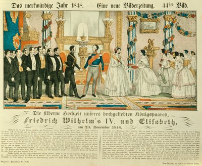 Sølvbryllupsjubileum for Frederick William IV av Preussen og hans kone Elizabeth Ludovika fra Bayern, 1848 (farge litho) av German School