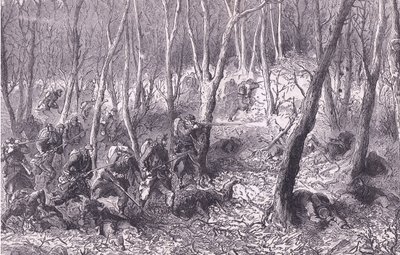 Tredning i skogen utenfor Paris, Cassells historie om krigen mellom Frankrike og Tyskland utgitt av Cassell and Company Limited, ca. 1890 (litho) av German School
