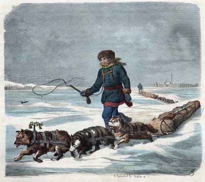Sledehund i snøen i Amerika. I "" Wenn Jemand eine Reise tut, so kann er was erhalten"" (Når noen reiser, dette er det han kan fortelle), tysk fortelling av Franz Wiedemann av German School