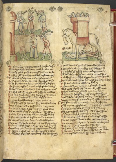 Sloane 361, f.27 Kong Codrus gir seg til å bli drept for sitt folk, og Eleazar Maccabeus knivstikker elefanten og blir knust av den, fra 'Speculum Humanae Salvation' (blekk og farge på vellum) av German School