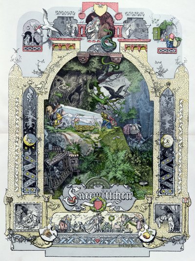 Snow White in her Glass Coffer, illustrasjon fra Muenchener Bilderbogen, ca. 1880 av German School