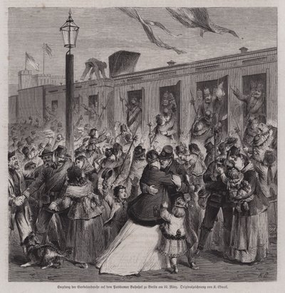 Soldater fra den prøyssiske Garde Landwehr ønsket velkommen på Potsdam Station, Berlin, da de kom tilbake fra den fransk-prøyssiske krigen, 22. mars 1871 (gravering) av German School