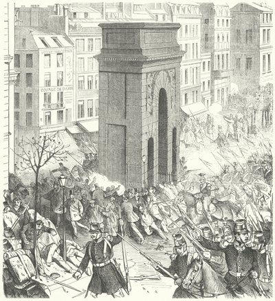 Soldater på gatene i Paris under det franske statskuppet i desember 1851 (gravering) av German School