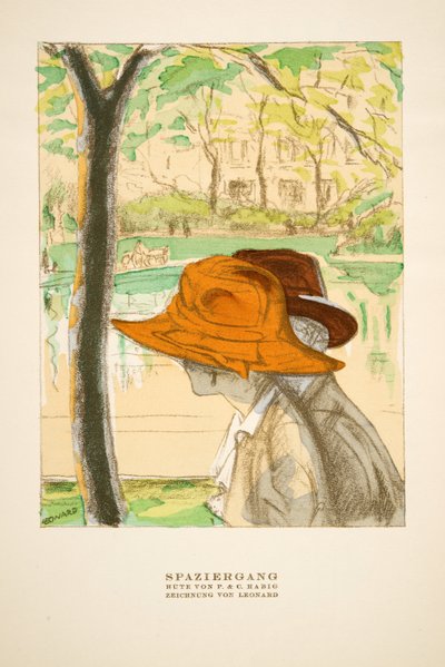 quot;Spaziergangquot;, reklame for hatter av P amp; C Habig, fra Styl, utgitt 1922 (pochoir-trykk) av German School