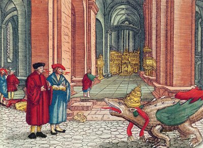 Tungetale, pinse, fra Lutherbibelen, ca. 1530 (farget tresnitt) av German School