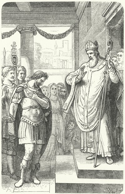 St Ambrosius hindrer den romerske keiseren Theodosius I fra å gå inn i katedralen i Milano som straff for massakren i Thessalonica, 390 (gravering) av German School