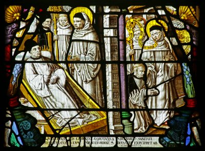 St. Bernard kurerer en syk mann som deretter ønsker å bli med i ordenen - men blir sendt bort, ca. 1500 (farget glass) av German School