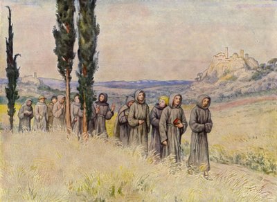 Frans av Paulus og hans tilhengere på veien til Roma (fargelitografi) av German School