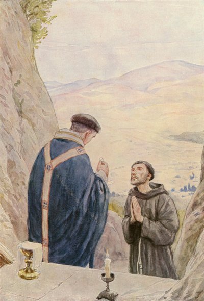 St. Frans feirer messe med broder Leo (fargelitografi) av German School