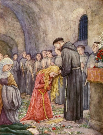 Frans klipper håret til Klara av Assisi (fargelitografi) av German School