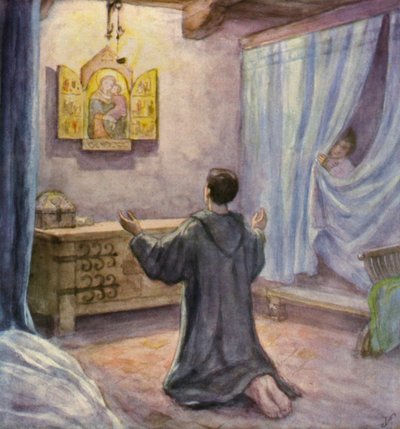 Frans kneler foran et ikon av Jomfru Maria og barnet (fargelitografi) av German School