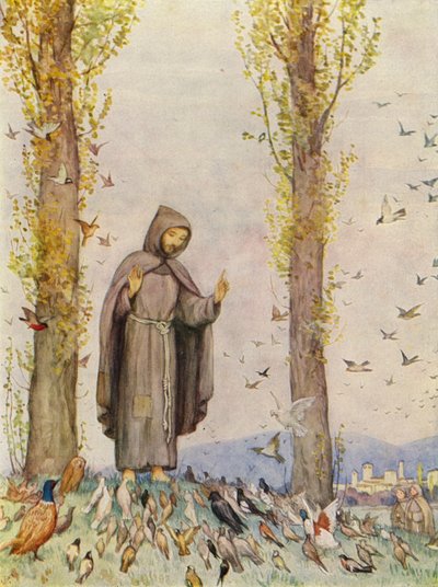 St. Frans forkynner for fuglene (fargelitografi) av German School