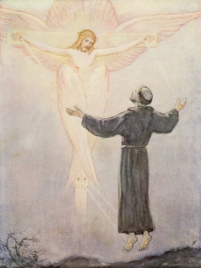 St. Frans mottar sine stigmata (fargelitografi) av German School