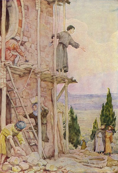 St. Frans restaurerer kirken San Damiano (fargelitografi) av German School